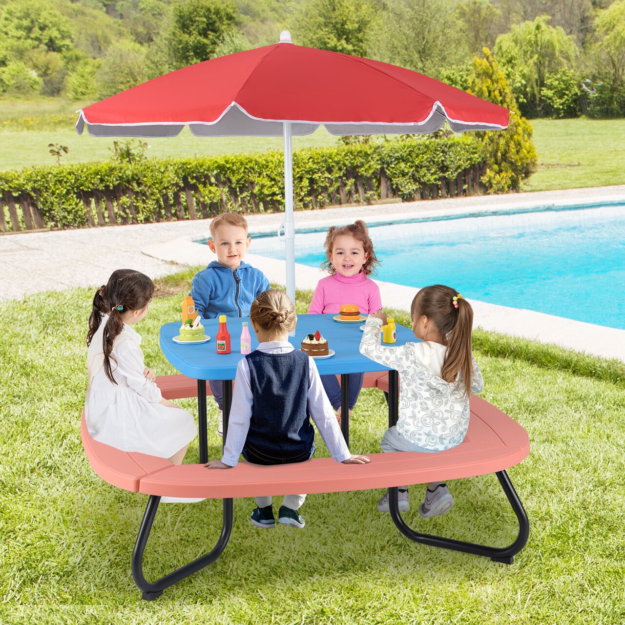 Kids Outdoor Play Table with Collapsible Umbrella and Heavy-Duty Metal Frame